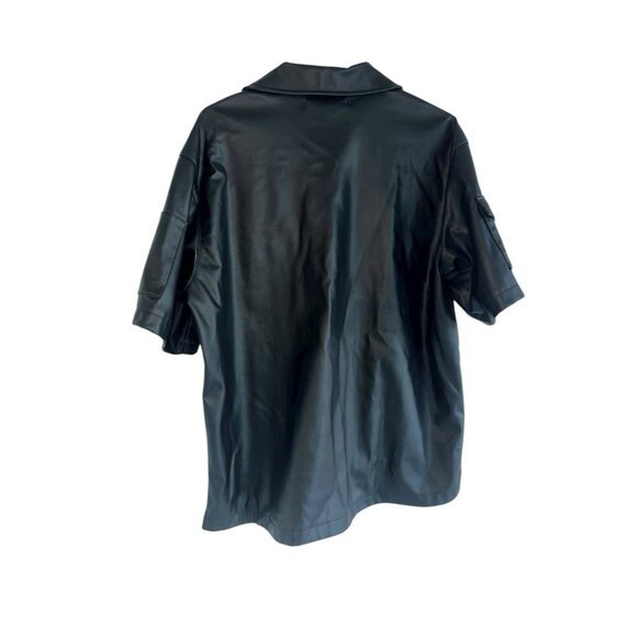 NWT Fashion Nova Men Utility Faux Leather Snap Shirt Sz M Black Short Sleeve - Picture 4 of 7